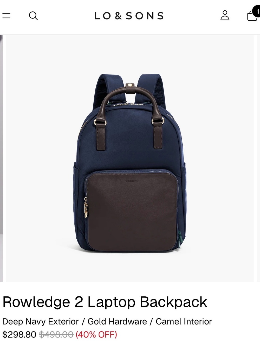 Lo & Sons Navy Backpack with Black Front Pocket, Gold Accents and Camel Interior